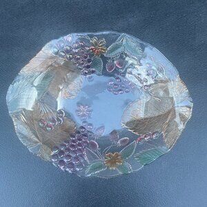 Decorative Glass Plate with Leaf & Grape Design W 14 in x L 11.5 in H 3.5 in